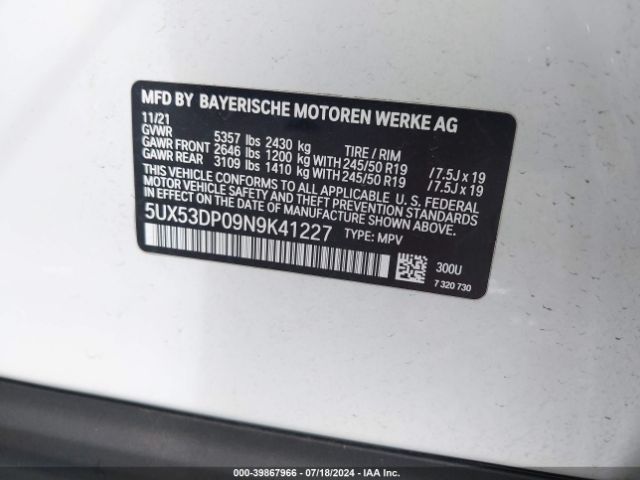 5UX53DP09N9K41227 BMW X3 Xdrive30i
