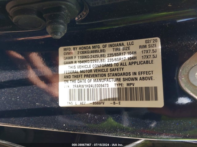 Honda Cr-v 2wd Lx 2020 7FARW1H24LE009473 Image 9