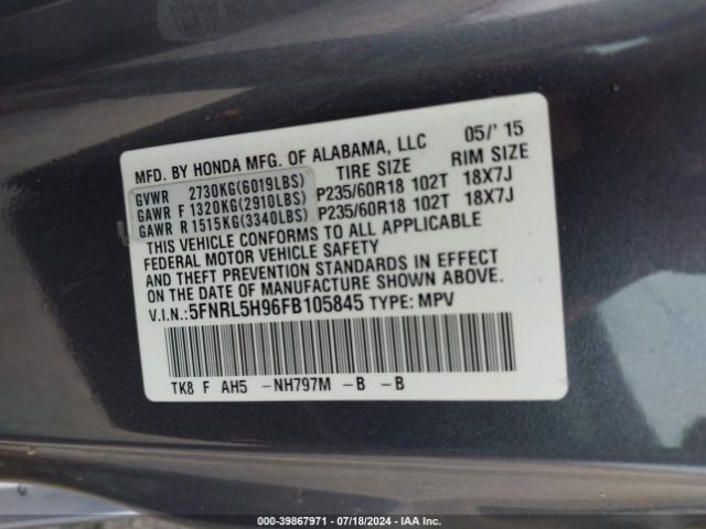 5FNRL5H96FB105845 Honda Odyssey Touring/touring Elite