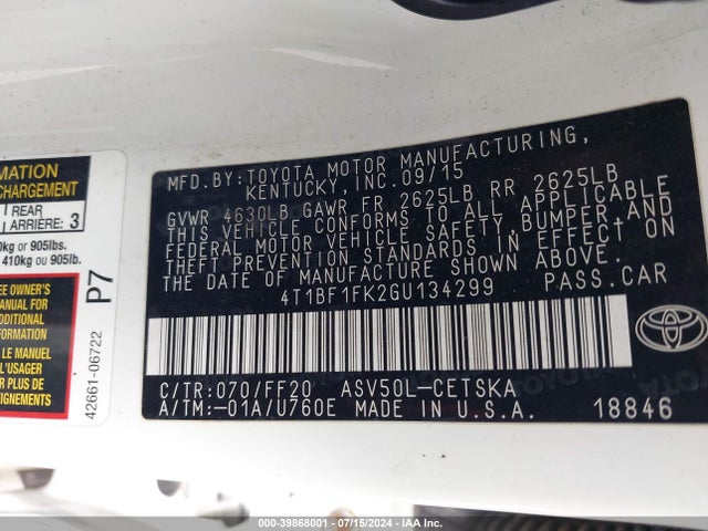 Toyota CAMRY SE 2016 4T1BF1FK2GU134299 Image 9