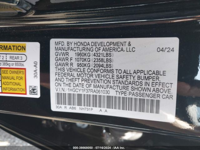 1HGCY1F37RA061030 Honda ACCORD EX