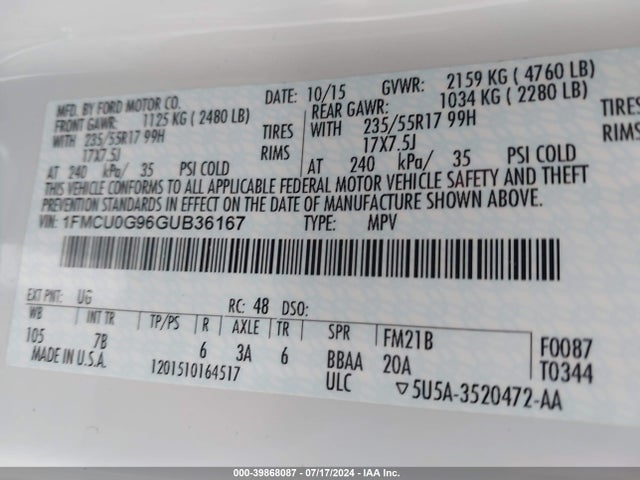 Ford ESCAPE SE 2016 1FMCU0G96GUB36167 Image 9