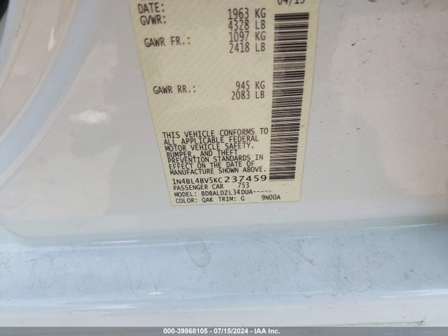 Nissan Altima 2.5 S 2019 1N4BL4BV5KC237459 Image 9