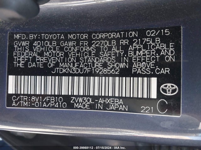 Toyota Prius Two 2015 JTDKN3DU7F1928562 Image 9