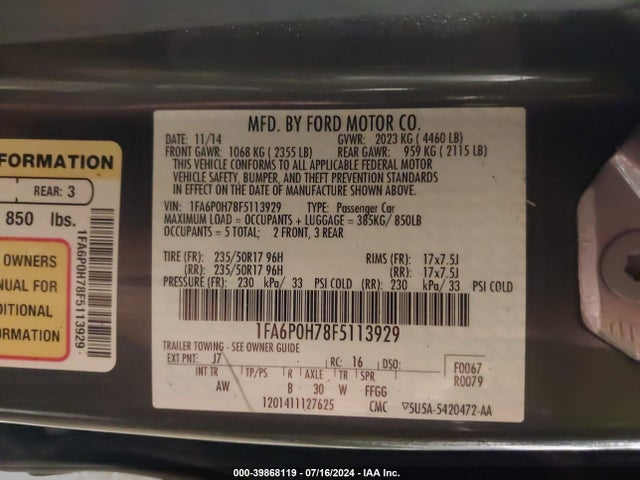 Ford FUSION SE 2015 1FA6P0H78F5113929 Image 9