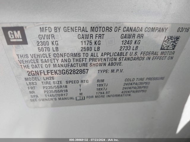 Chevrolet EQUINOX LT 2016 2GNFLFEK3G6282867 Image 9