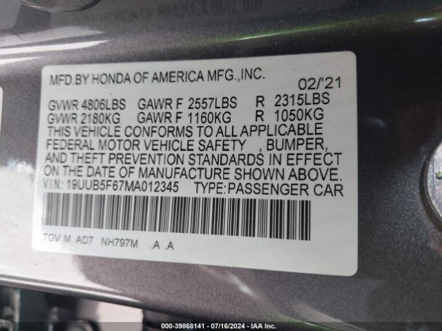 19UUB5F67MA012345 Acura Tlx Advance Package