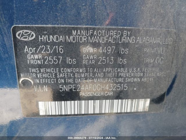 5NPE24AF0GH432515 Hyundai SONATA SE