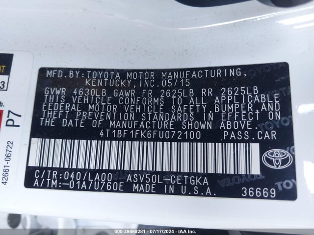Toyota CAMRY XLE 2015 4T1BF1FK6FU072100 Image 9