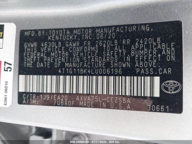 4T1G11BK4LU006196 Toyota Camry Se Awd