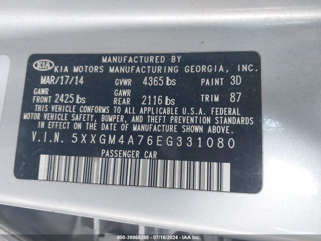 KIA Optima Lx 2014 5XXGM4A76EG331080 Image 9