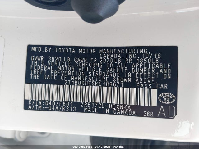 Toyota COROLLA LE 2019 2T1BURHE5KC188671 Image 9