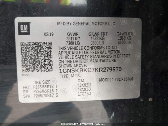 1GNSKBKC7KR279670 Chevrolet Tahoe Lt