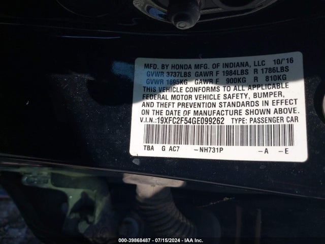 Honda Civic Lx 2016 19XFC2F54GE099262 Image 9