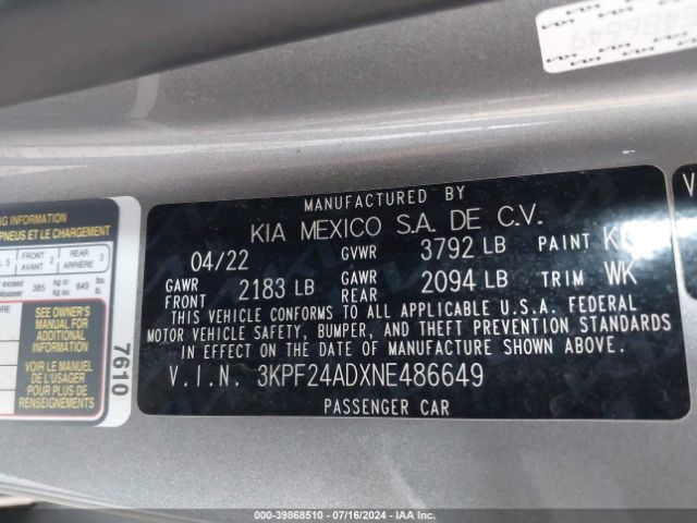 3KPF24ADXNE486649 KIA Forte Lxs