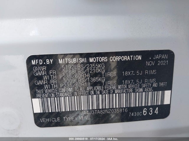 2022 MITSUBISHI OUTLANDER JA4J3TA82NZ035816 Photo 8