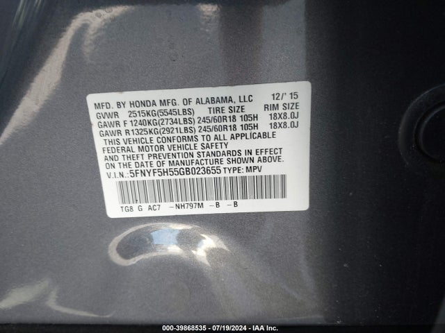 Honda Pilot Ex-l 2016 5FNYF5H55GB023655 Image 9