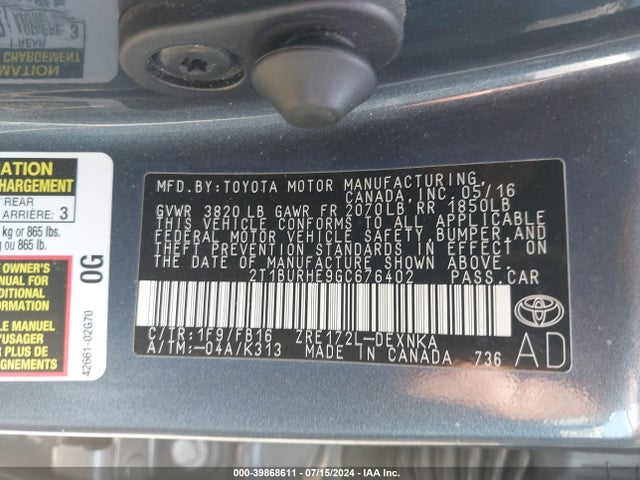 Toyota Corolla Le Plus 2016 2T1BURHE9GC676402 Image 9