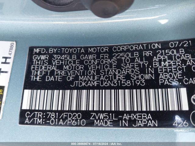 JTDKAMFU6N3158193 Toyota Prius Le