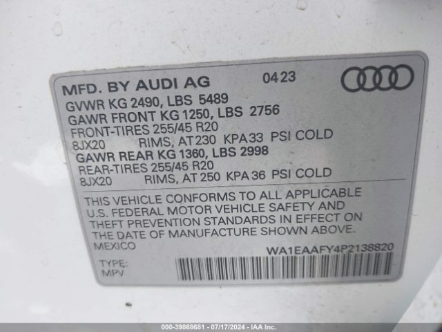 WA1EAAFY4P2138820 Audi Q5 Premium Plus 45 Tfsi S Line Quattro
