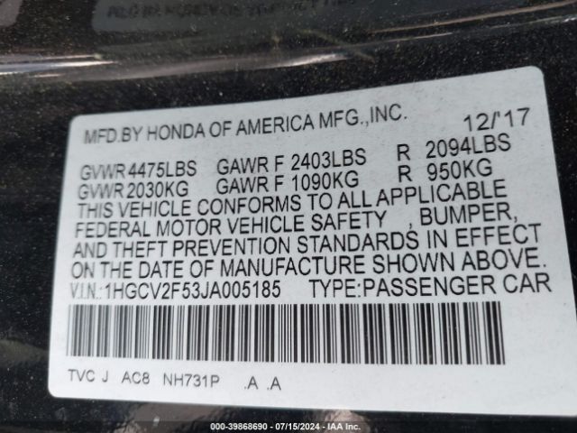 1HGCV2F53JA005185 Honda Accord Ex-l 2.0t