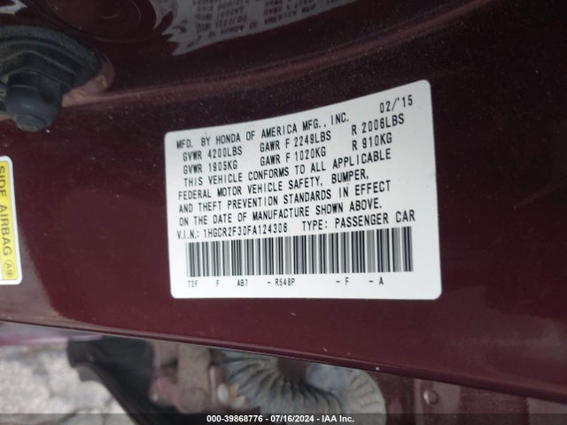 Honda ACCORD LX 2015 1HGCR2F30FA124306 Image 9