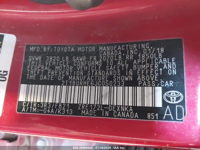 Toyota COROLLA LE 2018 2T1BURHE6JC050233 Image 9