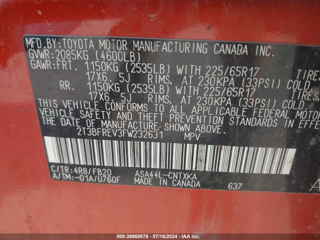Toyota RAV4 LE 2015 2T3BFREV3FW232631 Image 9