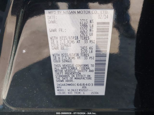 5N1AR2MM0EC668403 Nissan Pathfinder Platinum/s/sl/sv