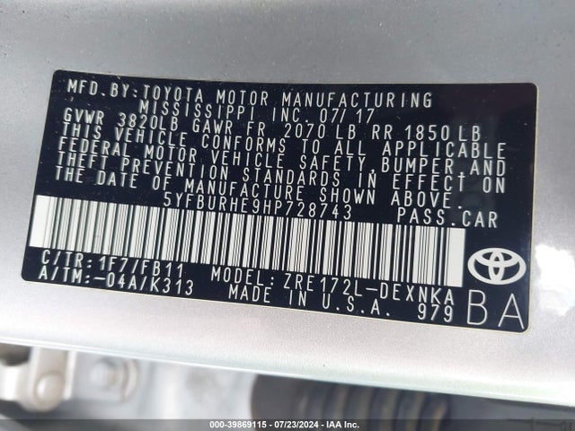Toyota COROLLA LE 2017 5YFBURHE9HP728743 Image 9