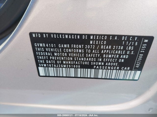 3VW167AJ2GM291608 Volkswagen Jetta 1.4t S
