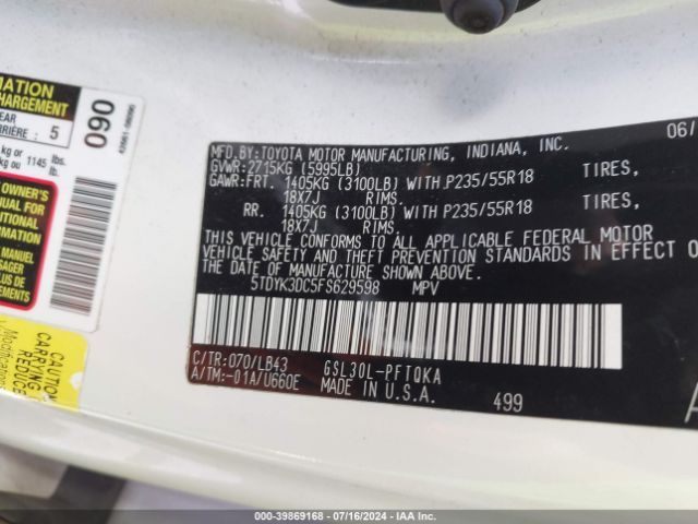 5TDYK3DC5FS629598 Toyota Sienna Limited 7 Passenger