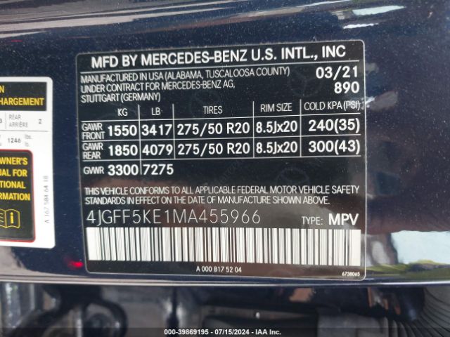 4JGFF5KE1MA455966 Mercedes-Benz Gls 450 4matic