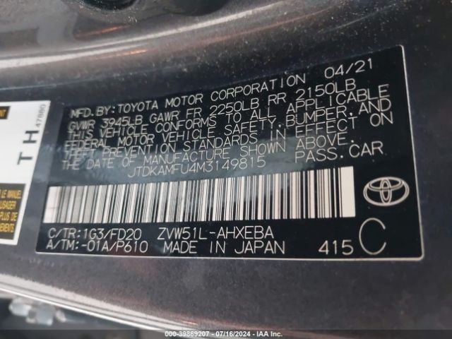 JTDKAMFU4M3149815 Toyota Prius Le
