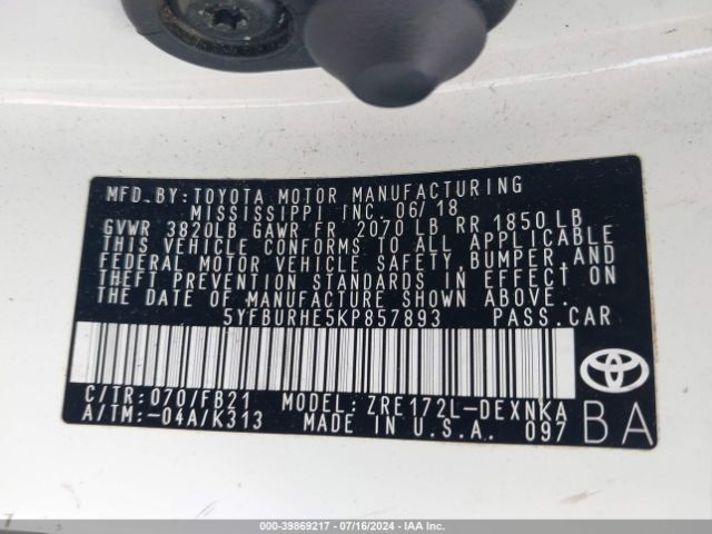5YFBURHE5KP857893 Toyota COROLLA LE