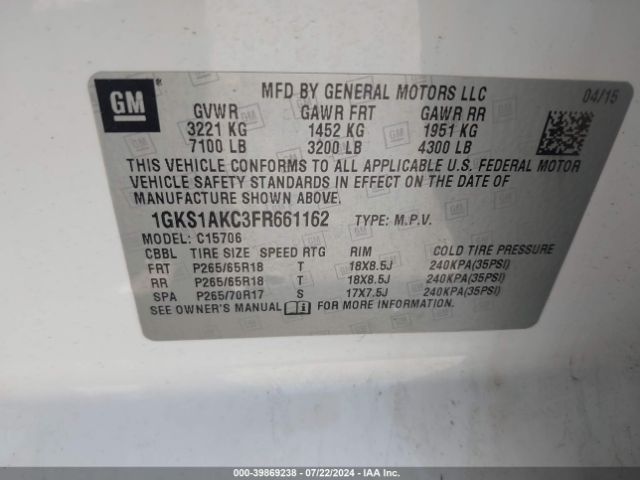 1GKS1AKC3FR661162 GMC YUKON SLE