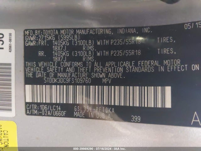 Toyota Sienna Xle 7 Passenger 2015 5TDDK3DC9FS109760 Image 9
