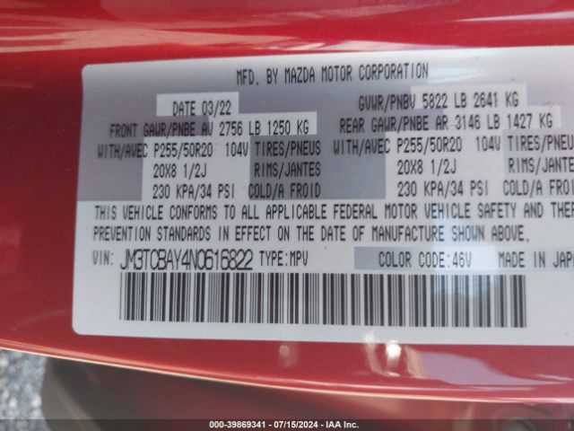 JM3TCBAY4N0616822 Mazda Cx-9 Touring Plus