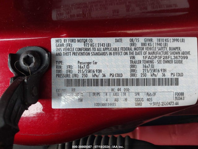 Ford FOCUS SE 2015 1FADP3F28FL367099 Image 9