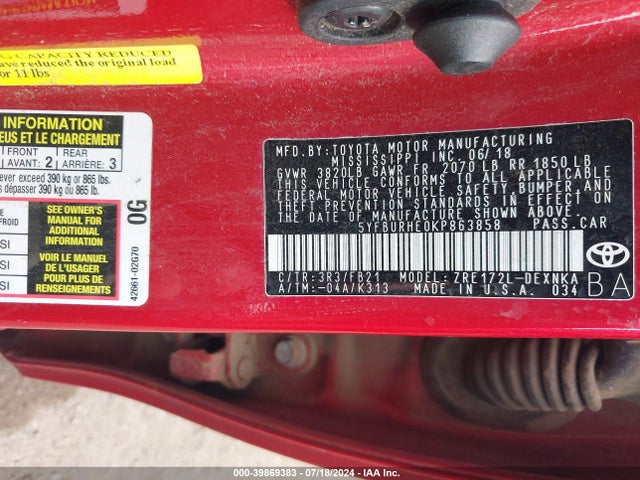 Toyota COROLLA LE 2019 5YFBURHE0KP863858 Image 9