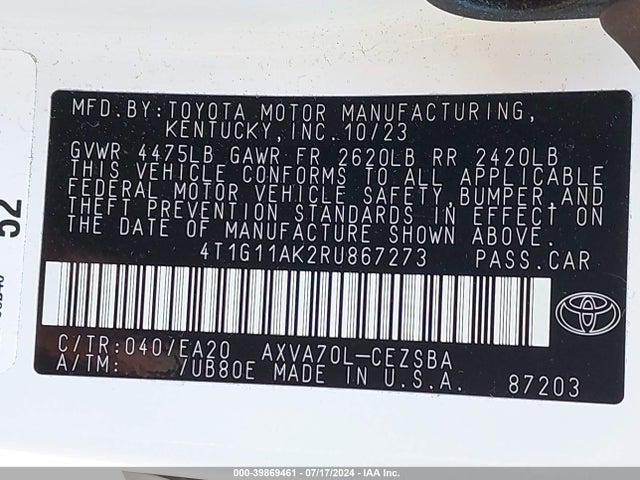 Toyota CAMRY SE 2024 4T1G11AK2RU867273 Image 9