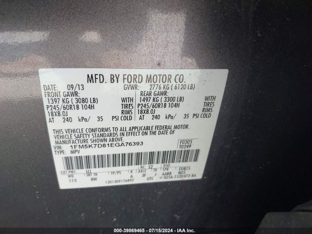Ford EXPLORER XLT 2014 1FM5K7D81EGA76393 Image 9