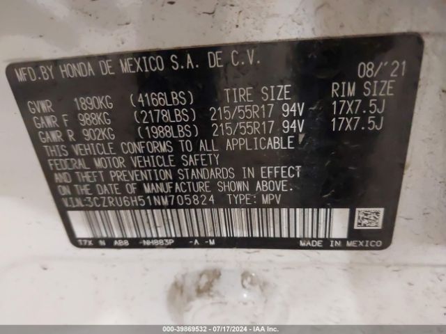 3CZRU6H51NM705824 Honda Hr-v Awd Ex