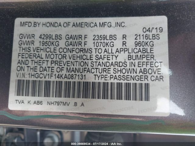 1HGCV1F14KA087131 Honda ACCORD LX