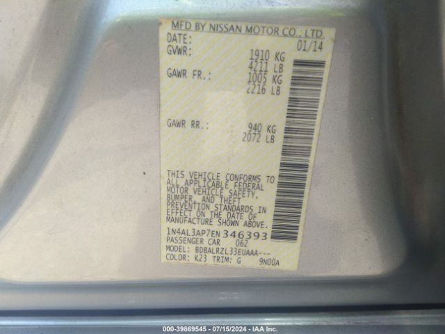 1N4AL3AP7EN346393 Nissan Altima 2.5/2.5 S/2.5 Sl/2.5 Sv