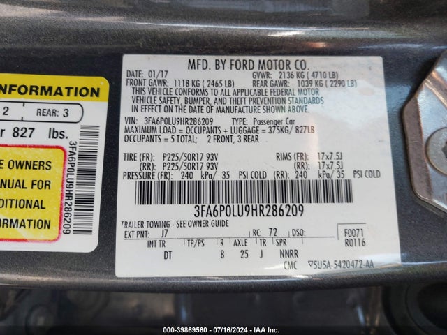 Ford Fusion Hybrid Se 2017 3FA6P0LU9HR286209 Image 9