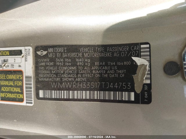 2007 MINI COOPER S WMWRH33517TJ44753 Photo 8
