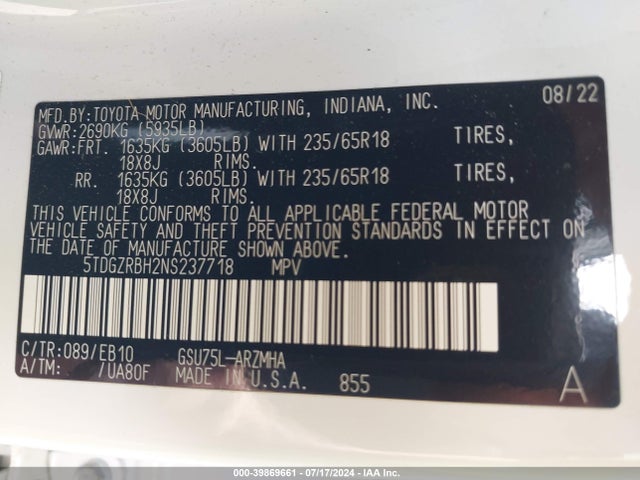 Toyota Highlander Xle 2022 5TDGZRBH2NS237718 Image 9
