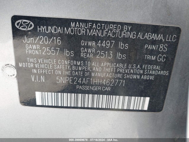Hyundai Sonata 2017 5NPE24AF1HH462771 Image 9