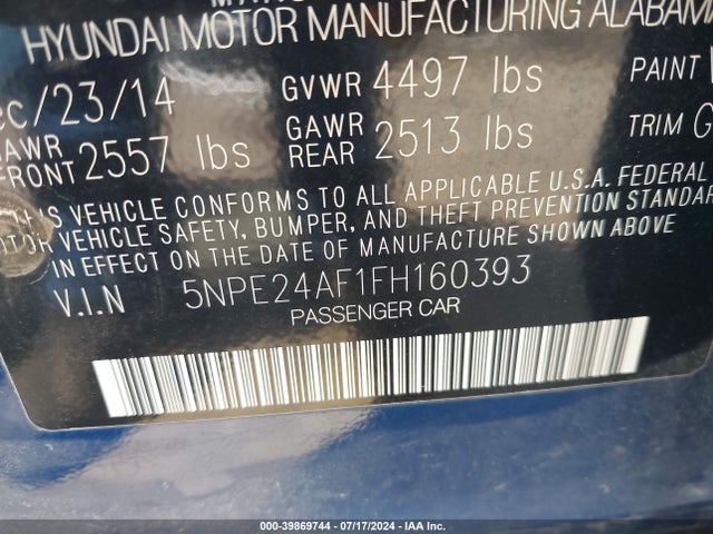 Hyundai SONATA SE 2015 5NPE24AF1FH160393 Image 9